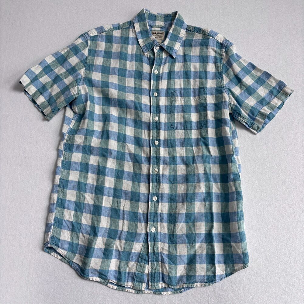 L.L. Bean Linen Check Button Down Shirt Mens M Tall Blue Green Preppy Casual